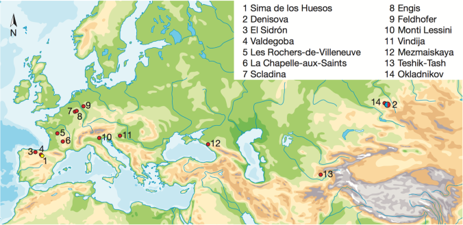 Point 1 in Northern Spain, is Sima de los Huesos. The rest of the points are other sites where hominin fossils preserve ancient DNA. Figure 1. From Meyer et al. 2013.